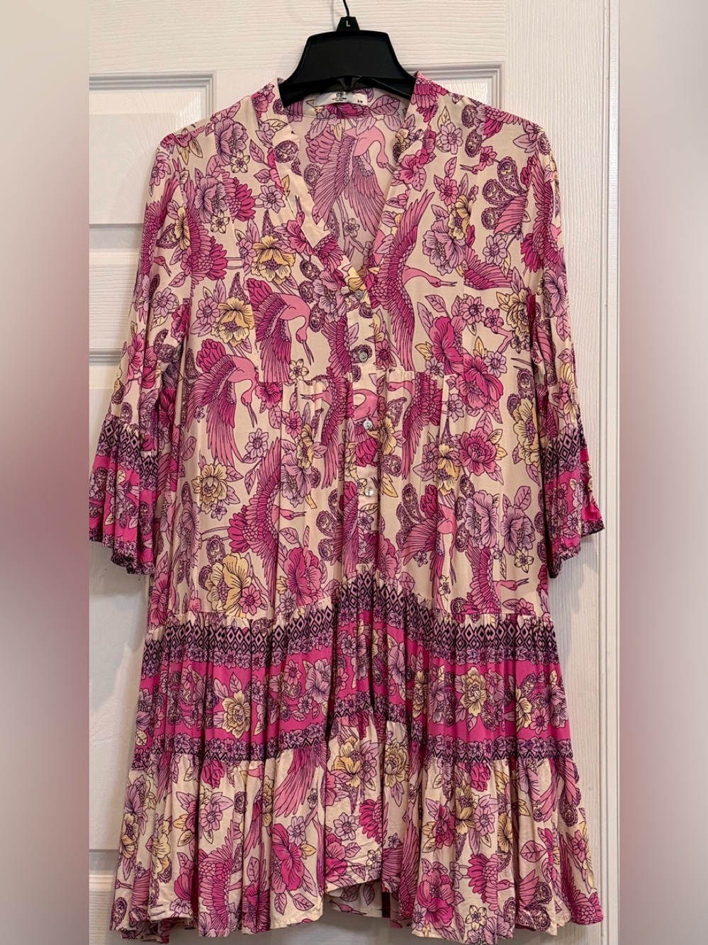LAST QUEEN Paris Boho Floral  Printed Ruffle Hem Tunic Dress S/M